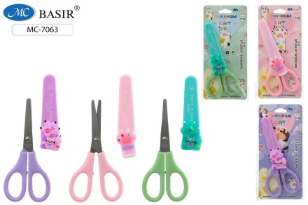Ножницы детские: "КОШКИНЫ ЛАПКИ", в пластик.чехле. 13,5 см, лезвие 6,8 см. Ассорти