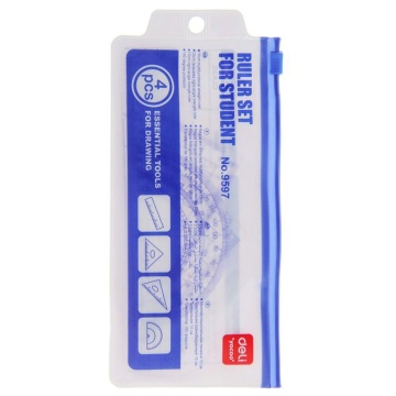 Набор геометрический Deli (2треуг., 15см лин., трансп.), прозр., на молнии