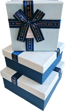 Набор подарочных коробок  3в1 с бантом, голубой/золото 15*15*6.5, 17*17*8, 19*19*9.5см