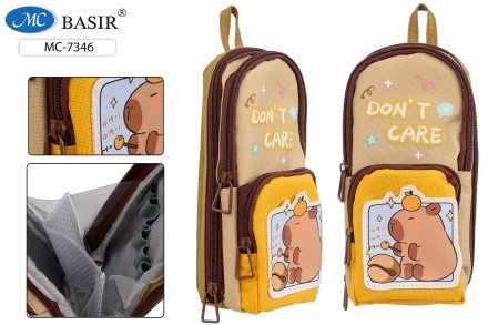 Пенал-сумочка. "КАПИБАРА". 10*22*6 см. Текстиль. 3 отделения на молнии, с аппликацией. С ручкой-петлей