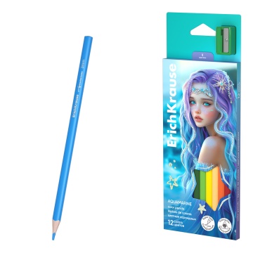 Цветные карандаши деревянные ErichKrause Aquamarine трехгранные, грифель 3 мм, 12 цветов с точилкой