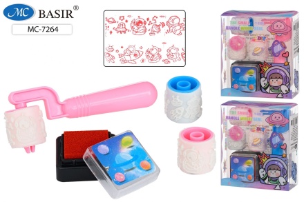 Набор подарочный канцелярский детский. "КОСМОНАВТ". Ролик-штамп фигурный 3 шт + штемпельная подушка