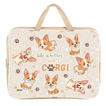 Папка А4 (350*265*80) с ручками, молния, ткань "Весёлые корги"