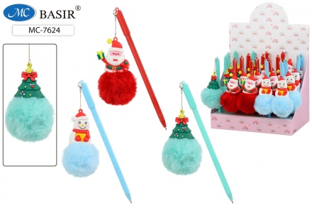 Шариковая ручка: "НОВОГОДНИЕ ПУШИСТИК"; цветной пластиковый корпус .ассорти., колпачок со съёмным брелоком .8 см. (резиновые ёлка, снеговик, Дед Мороз - пушистики), цвет чернил -синий.