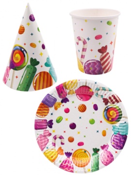 Набор для праздника  "Конфеты"  тарелка 6шт, стаканы 6 шт, колпаки 6 шт