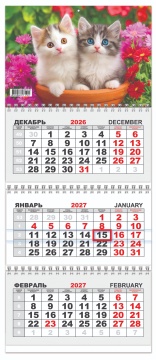Календарь квартальный (мини) на 2027 год "Кошки. Пушистые братишки" 197х467мм