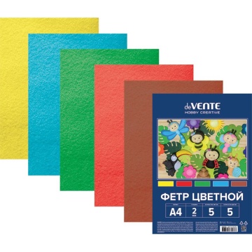 Фетр цветной. Набор А4 5л. 5цв. "Яркие цвета", 2мм