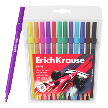 Фломастеры ErichKrause Драйв 12 цветов (в футляре с европодвесом 12 шт)
