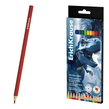 Цветные карандаши пластиковые ErichKrause Techno Dino шестигранные 12 цветов (в коробке с европодвес