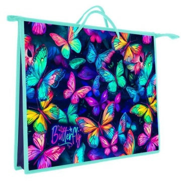 Папка А3 (460*345*40) с ручками, молния, пластик "Неоновые бабочки"