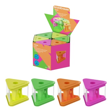 Точилка пластиковая ErichKrause Prism, Neon, с контейнером, ассорти (в коробке-дисплее по 12 шт)