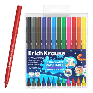 Фломастеры ErichKrause Kids Space Animals Super Tip Ultra Washable 12 цветов (в футляре с европодвес