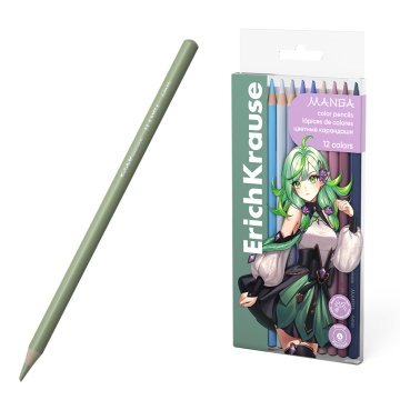 Цветные карандаши деревянные ErichKrause Manga круглые, грифель 4 мм, 12 цветов (в ПЭТ-боксе с европ