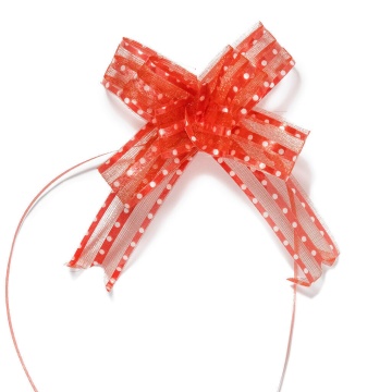Бант подарочный затягивающийся 7см*18мм, с органзой, горошек КРАСНЫЙ, 10 шт/уп