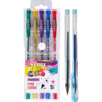 Набор гелевых ручек deVENTE  5цв. "Cosmo Glitter" с блёстками., прозрачный корпус, 1мм