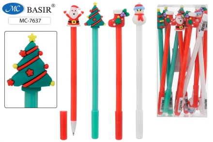 Шариковая ручка: детская; "НОВОГОДНИЕ**"; цветной корпус .ассорти., съёмный прорезиненный наконечник-Дед Мороз, ёлка, снеговик, сапог, в пластиковой упаковке, цвет чернил-синий.