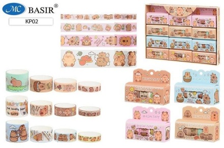 Скотч 40,20,15,10мм, декоративный бумажный 4цв. Капибара