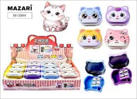 Точилка металлическая, КОТИК, 2 отверстия для заточки, 4 дизайна, с контейнером для стружки, картонный дисплей