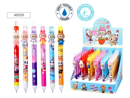 Ручка гелевая автоматич. ЗУБАСТИК (Лабубу), 0.5 мм, пластик.корпус, 6 дизайнов, Синяя