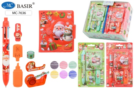 Блокнот на кнопке + 6-цв.авторучка + мини-текстмаркер + диспенсер + 2 скотча. Набор подарочный детский. "НОВОГОДНИЕ". 19,5*11,5 см