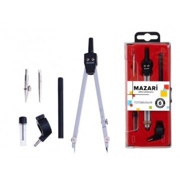 Готовальня, 6 предметов (циркуль 140мм, насадка на рейсфедер, держатель для рейсфедера, оцинкованная игла, насадка-адаптер, пенал с запасным грифелем), пластиковая упаковка с подвесом