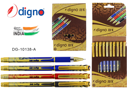 Ручка шарковая на маслян.основе. DIGNO "18К". Синий пластик.корпус с золот.рисунком. Резин.держатель. Клип и наконечник - золотистые, Игольч. 0,7 мм