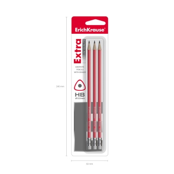 Набор из 3 чернографитных карандашей ErichKrause Extra, трехгранных, с ластиком, HB (в блистере)