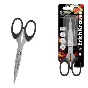 Ножницы ErichKrause Top Model Folk Motives, 16см, черный (в блистере по 1 шт.)