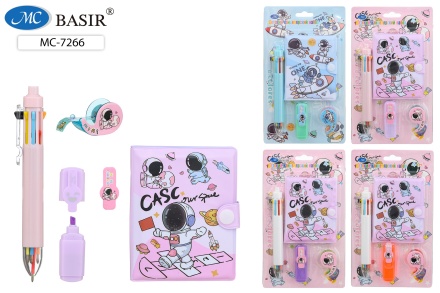 Блокнот на кнопке + 8-цв.авторучка + мини-текстмаркер + диспенсер с детским скотчем. Набор подарочный детский. "КОСМОС". 22*13 см