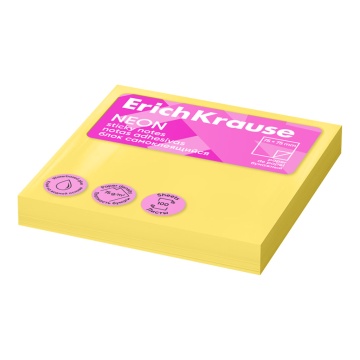 Блок самоклеящийся бумажный ErichKrause Neon, 75х75 мм, 100 листов, желтый