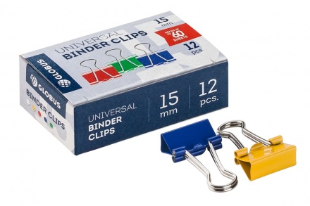 Зажим д\бум. мет. цветные Глобус 15мм., 12шт/уп.