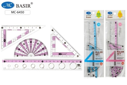 Линейки. Набор 4 шт, прозр.пластик с цв.вставками: 2 треугольника, транспортир, линейка с трафаретом 20 см.