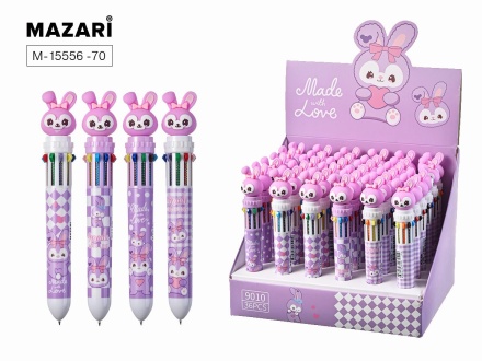 Ручка шар. многоцв.10-ти цветная, "Зайка" цветной корпус, 0,7мм