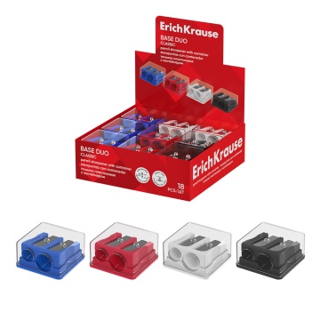 Точилка пластиковая ErichKrause Base Duo, Classic, с контейнером, ассорти (в коробке-дисплее по 18 ш
