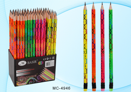 Карандаш чернографитный с ластиком. Дерево, заточенный. Голографич.рисунок