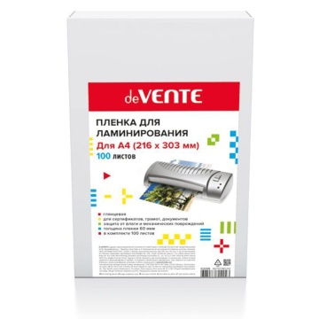 Плёнка д/ламинирования deVente А4, 60мкм, 100шт/уп