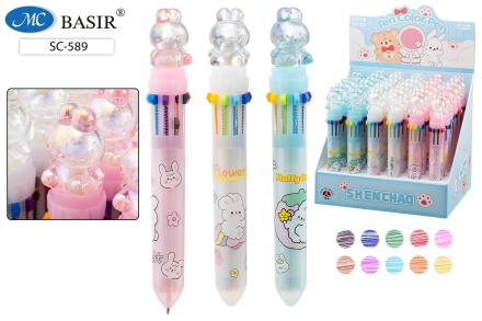 Ручка 10-ти цветная автоматич. "ЗАЙЧИК"; цв.корпус с рисунком ассорти, 0,7 mm.