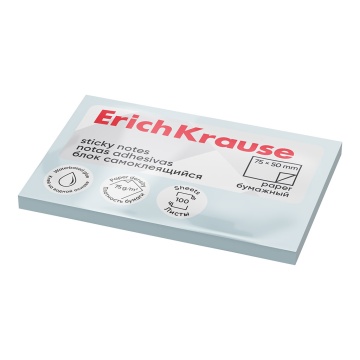 Блок самоклеящийся бумажный ErichKrause 75х50 мм, 100 листов, голубой