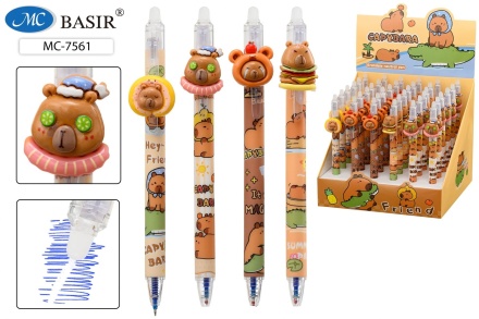 Ручка гелевая стираемая, автомат. Basir "Капибара" синяя, 0,5мм