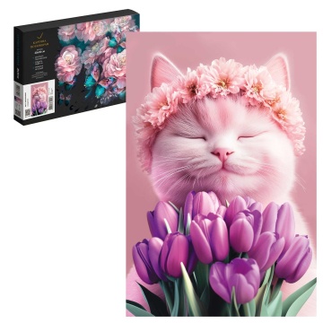 Картина по номерам на холсте 20*30см "Кот с тюльпанами"