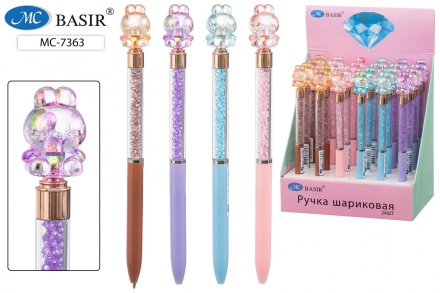 Ручка шариковая с поворотным механизмом; наконечник "ЗАЙЧИК"; корпус цветной.прозрачн. с наполнителем-стразы, синяя.