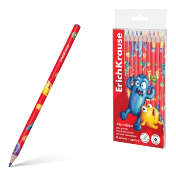 Цветные карандаши деревянные ErichKrause Jolly Friends круглые, грифель 3 мм, 12 цветов (в ПЭТ-боксе