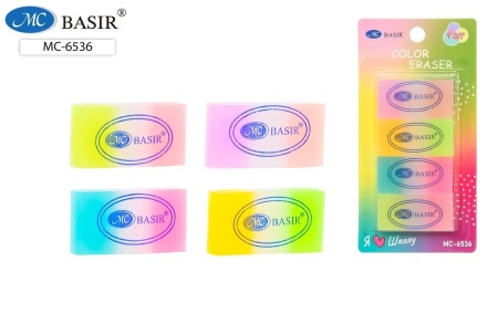 Ластик: "COLOR"; цветной радужный, прямоугольной формы .4,4*2,2 см., в блистере на картонной подложке .13,7*6.8 см. по 4 штуки.