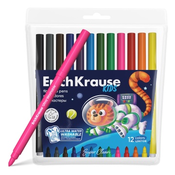 Фломастеры ErichKrause Kids Space Animals Super Tip Ultra Washable 12 цветов (в футляре с европодвес