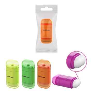 Точилка пластиковая ErichKrause JOY, Neon, с контейнером и ластиком, ассорти (во флоупаке)