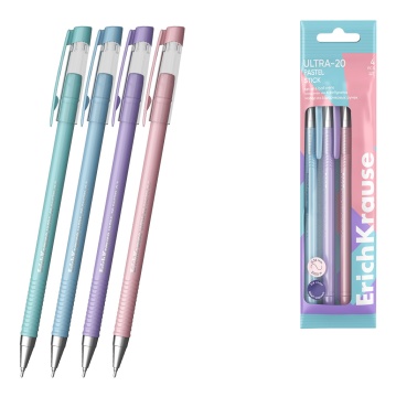 Набор из 4 ручек шариковых ErichKrause ULTRA-20 Stick Pastel 0.7, Super Glide Technology, цвет черни