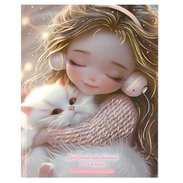 Дневник нач. шк. обл. 7БЦ "Девочка в наушниках и котёнок" глянц.лам., тисн.цв.фольгой, 48л.