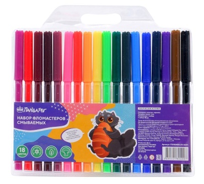 Фломастеры ПандаРог "Творческие котики" 18 цветов, смываемые, в пластиковом блистере