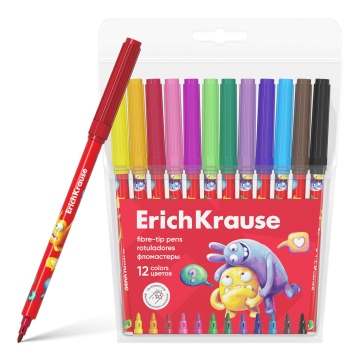 Фломастеры ErichKrause Jolly Friends 12 цветов, с печатью на корпусе (в футляре с европодвесом 12 шт