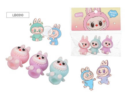 Ластики-насадки на карандаш. ЗУБАСТИК (Лабубу). Набор 3 шт.